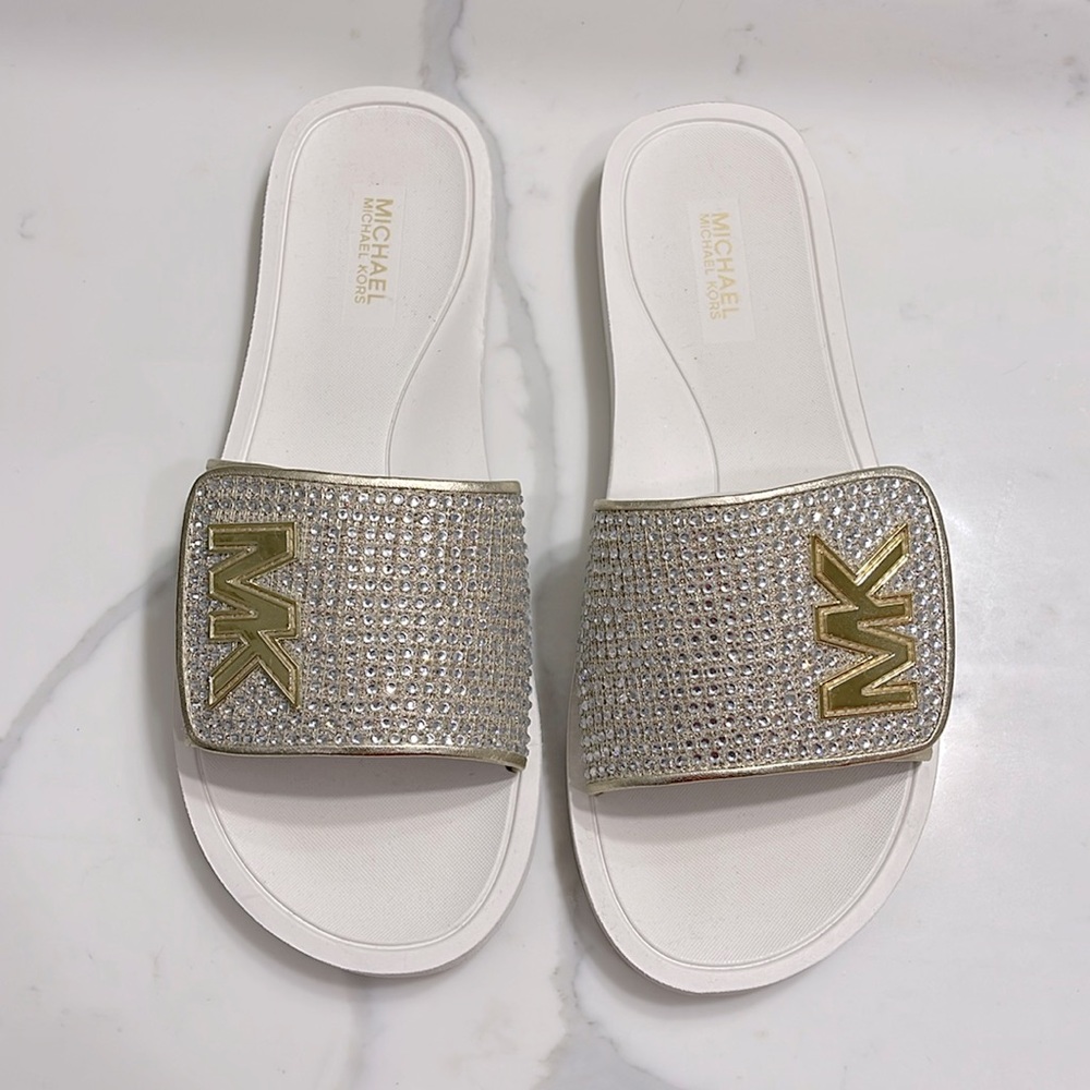 MICHAEL Michael Kors 
Size 8 White/Gold Rhinestone Logo Platform Slide Sandal